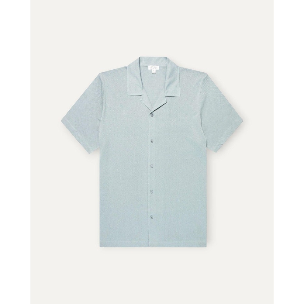 NWT Sunspel Men's Cotton Mesh Riviera Camp Collar Shirt Blue LARGE